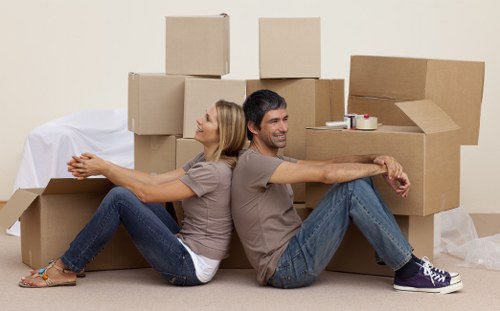 Packed boxes and furniture ready for transport in Hayes