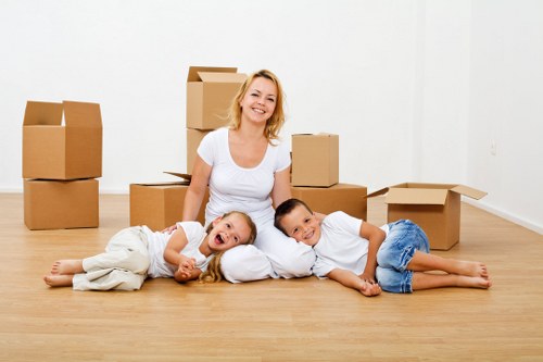 Business relocation equipment and labelled boxes in transport